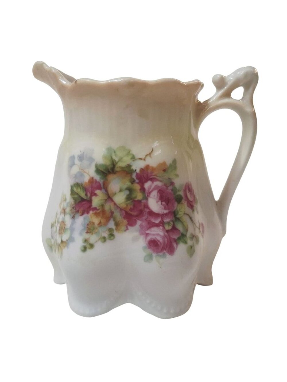 Vintage German Floral Porcelain Creamer With Scalloped Rim & Ornate Handle